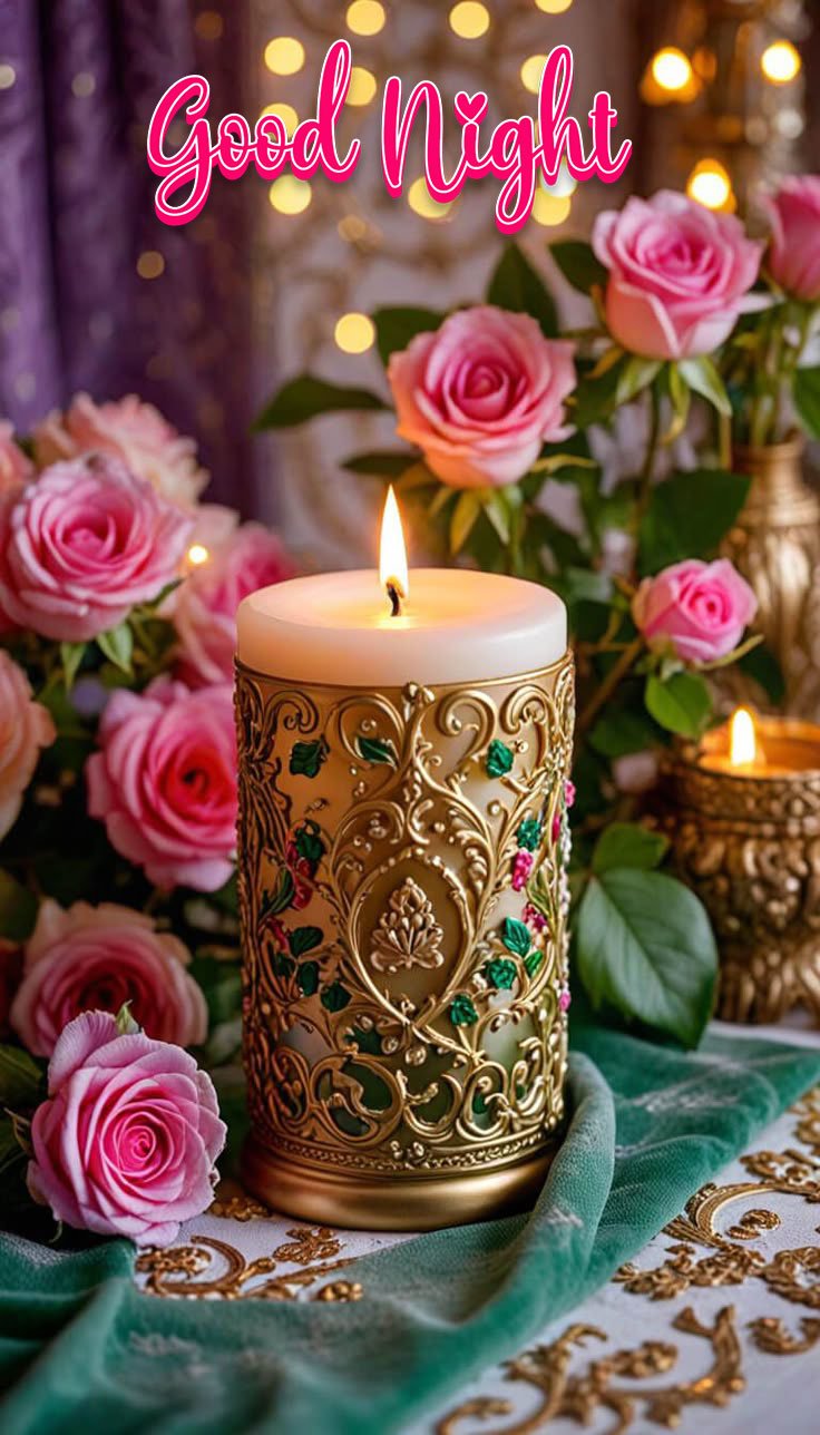 good night image with candle and flower