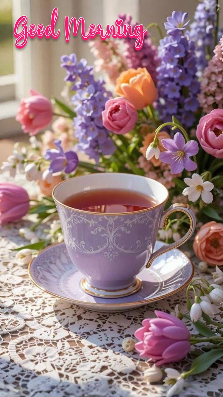 good morning images with flowers and tea